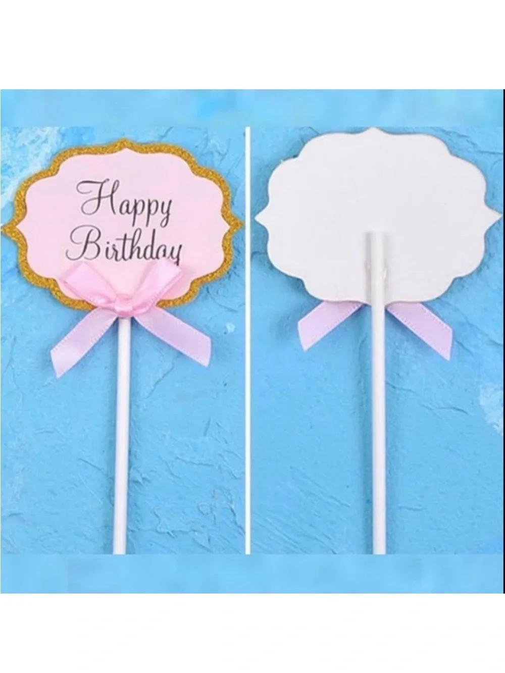 💞 New Pack of 10 Cream & Blue Glitter Happy Birthday Cupcake & Cake Toppers